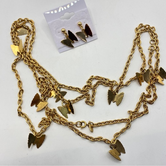 SARAH COVENTRY Butterfly Chain Necklace & Earrings Set Gold Tone Long Necklace - Picture 5 of 10